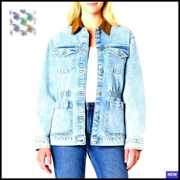 Jackets & Blazers - Regular-Fit Denim Barn Jacket Cinched Waist Vintage Workwear Chic